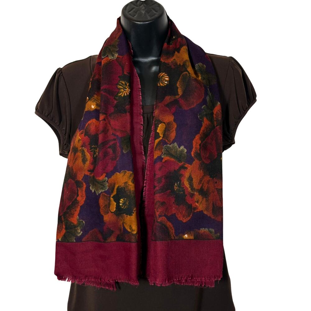 Burgundy Floral Scarf 45" Square Red Purple Orange Poppies Retro Vintage Fringe